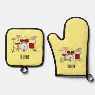 Drum kit cartoon illustration  oven mitt & pot holder set