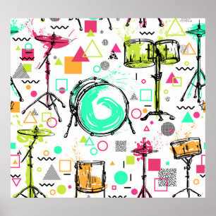 Drum Kit: Watercolor Memphis Retro. Poster