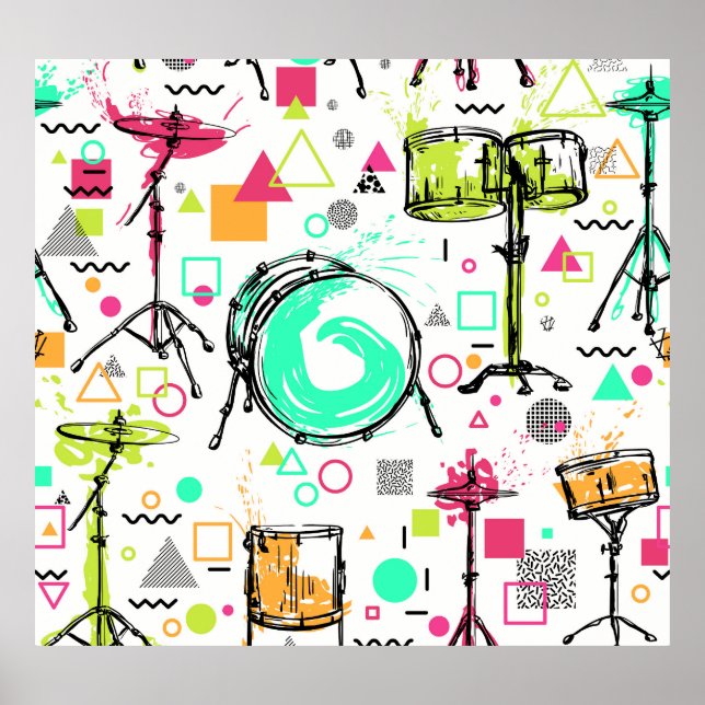 Drum Kit: Watercolor Memphis Retro. Poster (Front)