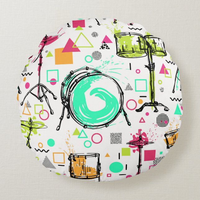 Drum Kit: Watercolor Memphis Retro. Round Cushion (Front)