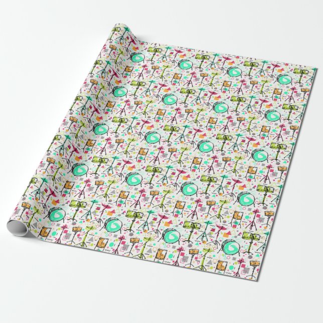 Drum Kit: Watercolor Memphis Retro. Wrapping Paper (Unrolled)