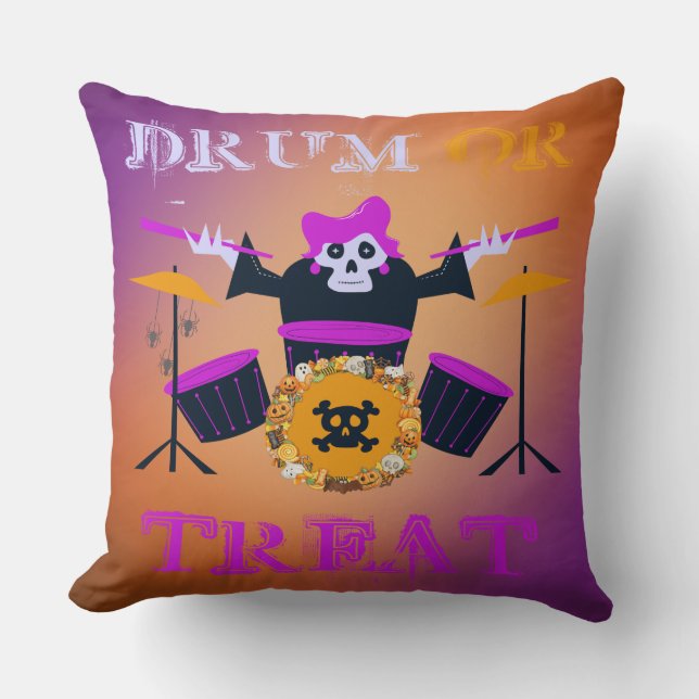 Drum or Treat Skeleton Halloween Cushion (Front)