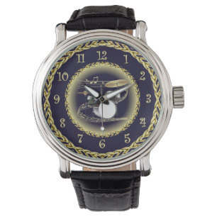 Drum Set 01 ~ Musical Scroll ~ Gold/Navy Blue ~ Watch