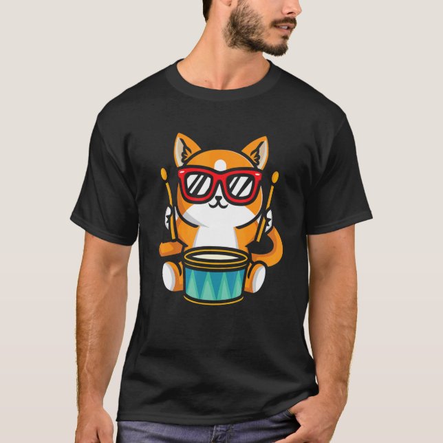 Drum Set Animal Drummer Cat   Music Kitty T-Shirt (Front)