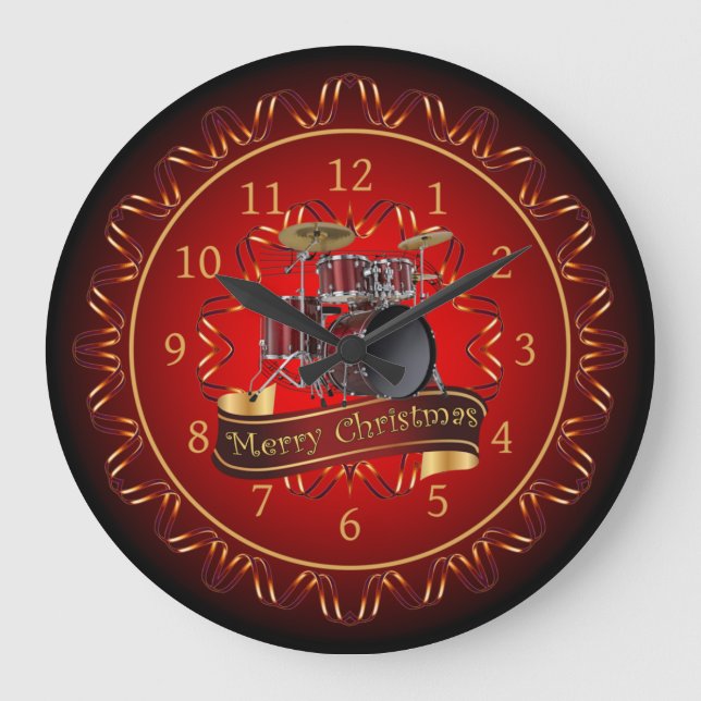 Drum Set, Merry Christmas, Maroon & Black ~   Large Clock (Front)
