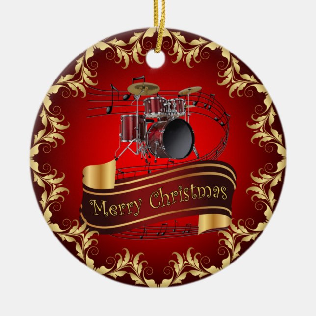 Drum Set ~ Musical Scroll ~ Merry Christmas ~ * ~  Ceramic Tree Decoration (Front)