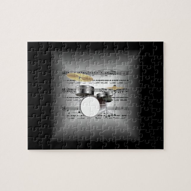 Drum Set On 3-D Sheet Music Pillow Silver & Black Jigsaw Puzzle (Horizontal)