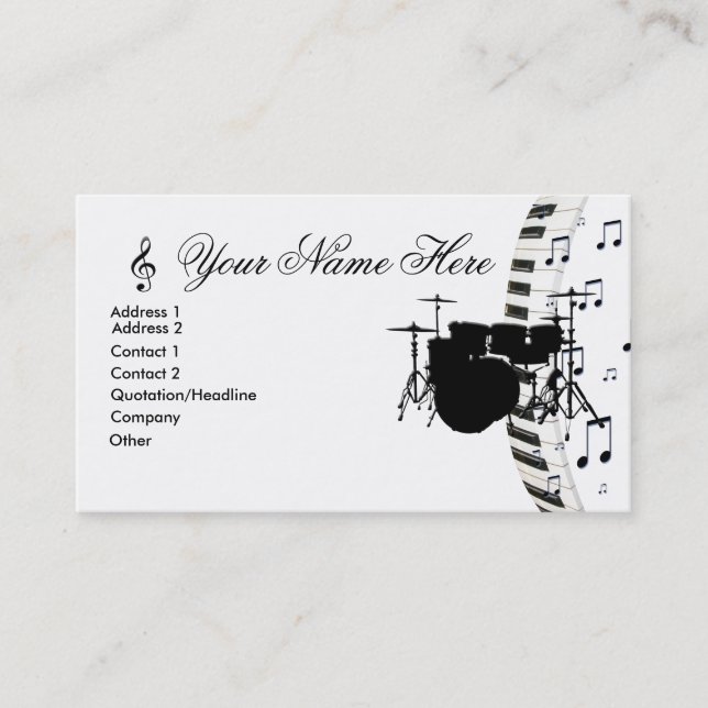 Drum Set Piano Keyboard and Music Notes Business Card (Front)