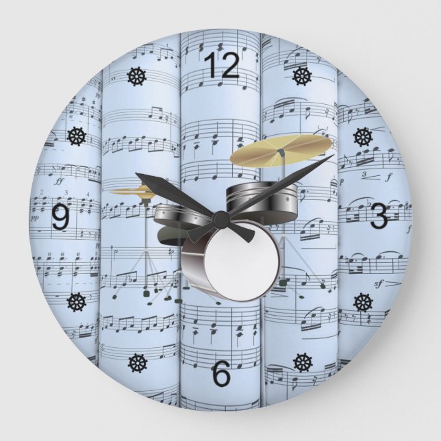 Drum Set~Rolled Sheet Music~Blue Tint Background  Large Clock (Front)