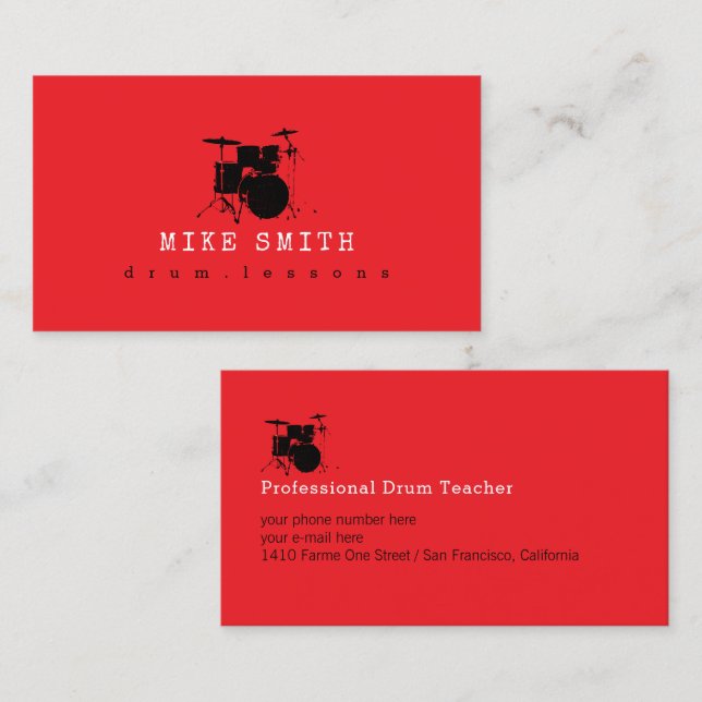 Drum teacher . Drummer cool red Business Card (Front/Back)