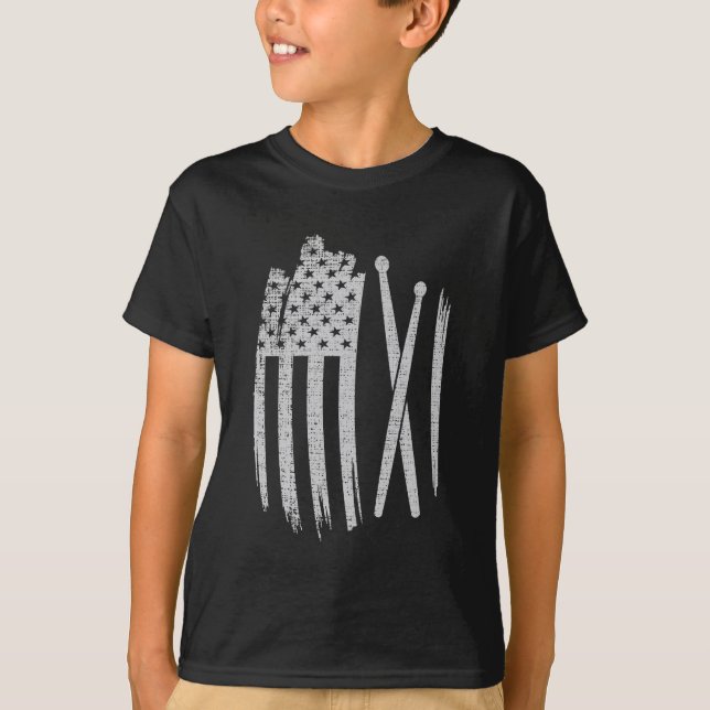 Drummer American Flag Drum Sticks Drumming T-Shirt (Front)