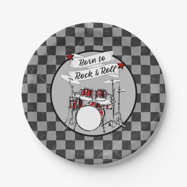 Drummer Birthday Born to Rock & Roll Drum Kit Paper Plate (Front)