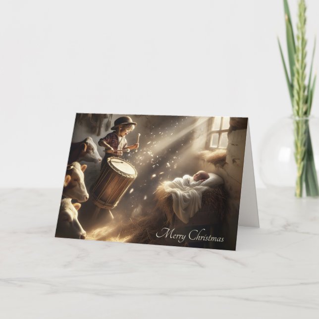 Drummer Boy In a Barn Stable Holiday Card (Front)