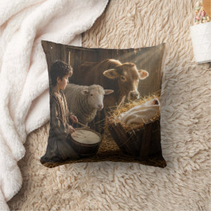 Drummer Boy Nativity Scene in a Stable Cushion