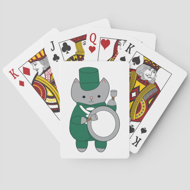 Drummer Cat Marching Band Green and White Playing Cards (Back)