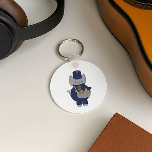 Drummer Cat Marching Band Navy Blue Gold Key Ring