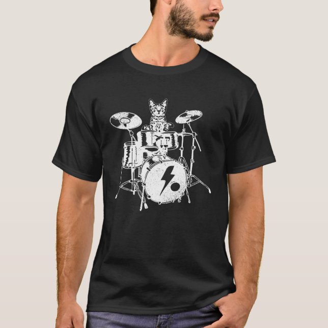 Drummer Cat Rock And Roll Drum Meow Kitty Heavy Me T-Shirt (Front)