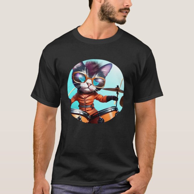 Drummer Cat with Drumset T-Shirt (Front)