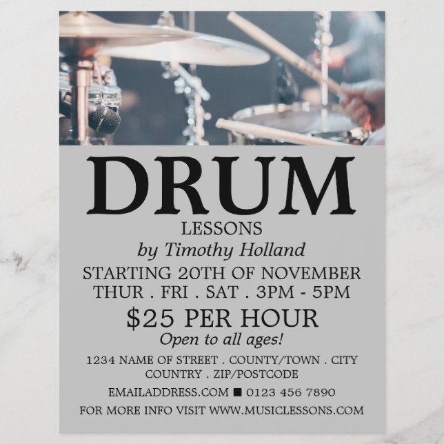 Drummer, Drum Lessons Advertising Flyer (Front)