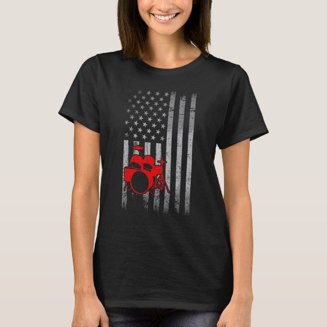Drummer Drum  Retro American Flag 4th of July Musi T-Shirt (Front)