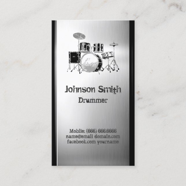 Drummer Drum Set - Brushed Stainless Steel Metal Business Card (Front)