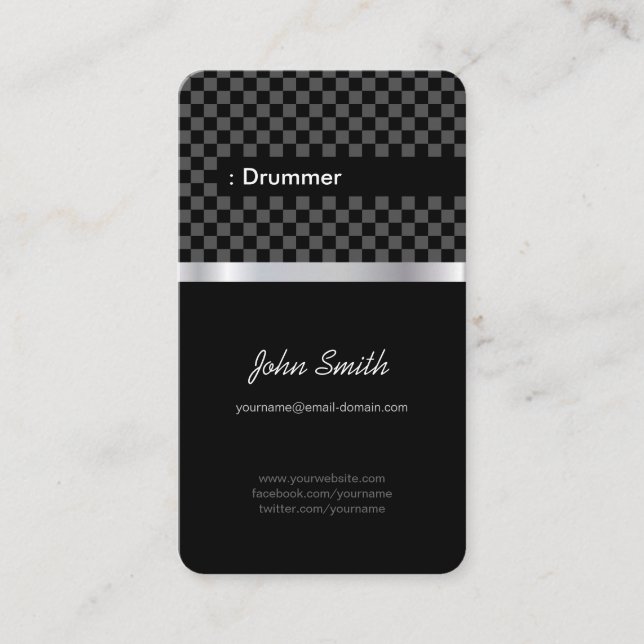 Drummer - Elegant Black Chequered Business Card (Front)