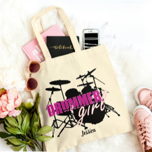 Drummer girl First Name Cute Purple Black Text Tote Bag