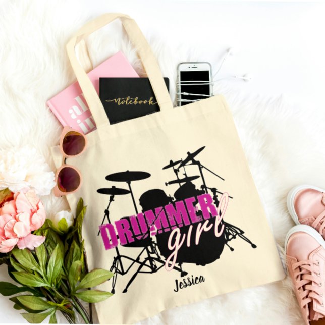 Drummer girl First Name Cute Purple Black Text  Tote Bag (Creator Uploaded)