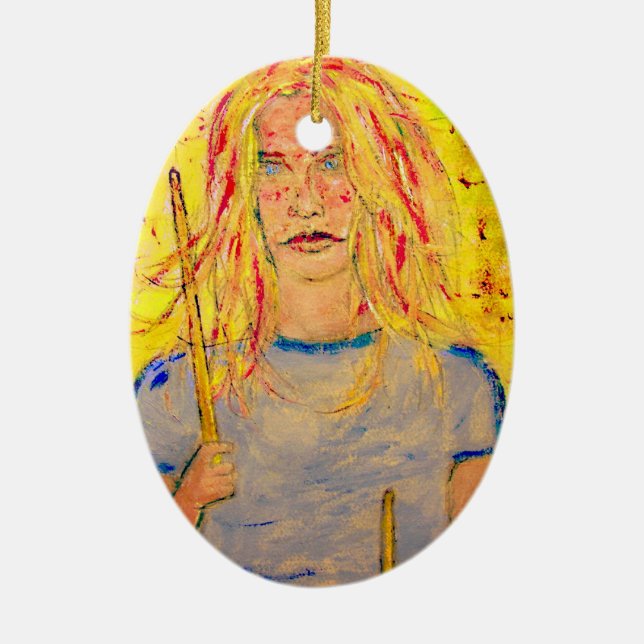 drummer girl upclose ceramic tree decoration (Front)