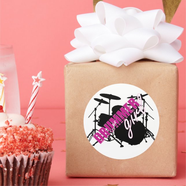 Drummer Girl with Fun Purple and Black Grunge Text Classic Round Sticker (Party)