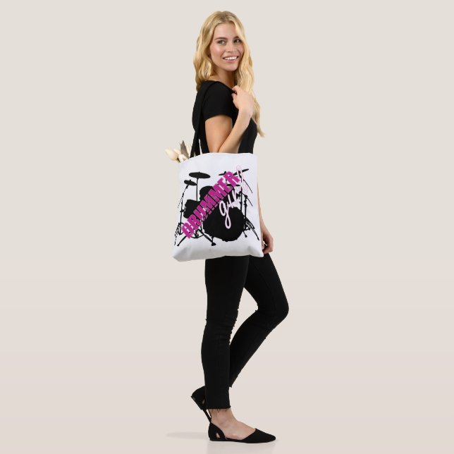 Drummer Girl with Fun Purple and Black Grunge Text Tote Bag (On Model)