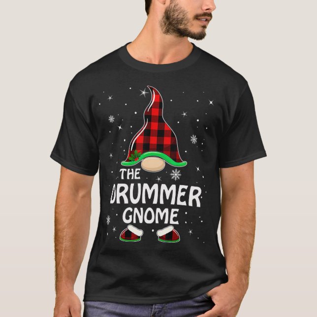 Drummer Gnome Buffalo Plaid Matching Family Christ T-Shirt (Front)