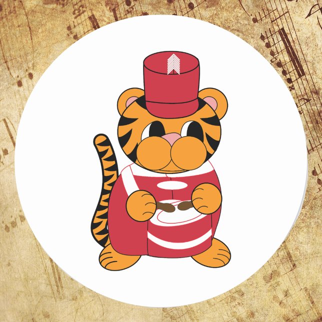 Drummer Marching Band Tiger Red and White Classic Round Sticker (A sticker that has a tiger playing a snare drum in a red and white marching band uniform.)