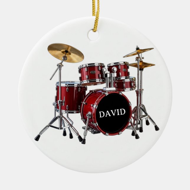 Drummer Red Drum Set Custom Name Ornament (Front)