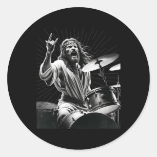 Drummer Rock Jesus Drumming Classic Round Sticker