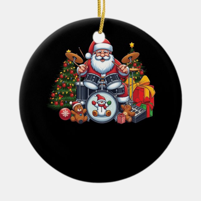 Drummer Santa Playing Drums Christmas Drumming San Ceramic Tree Decoration (Front)