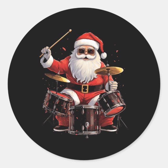 Drummer Santa Playing Drums Funny Christmas Drumme Classic Round Sticker (Front)