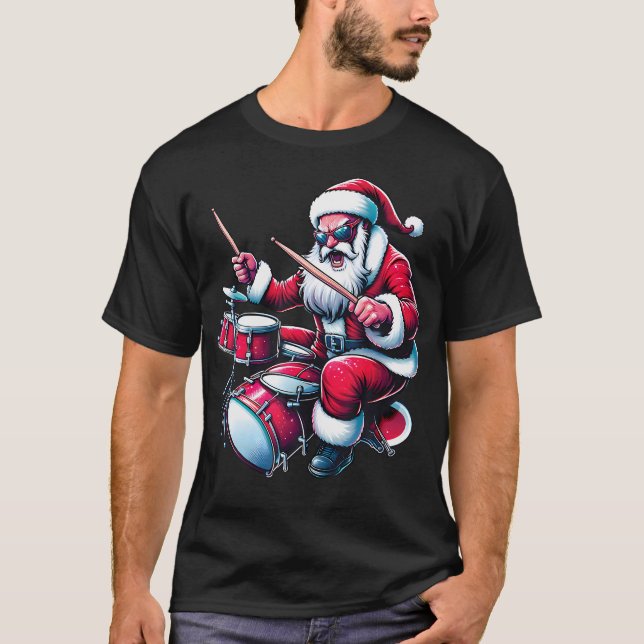 Drummer Santa Playing Drums Xmas Funny Christmas D T-Shirt (Front)