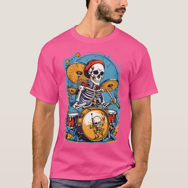 Drummer Skeleton Playing Drums For Halloween Graph T-Shirt (Front)