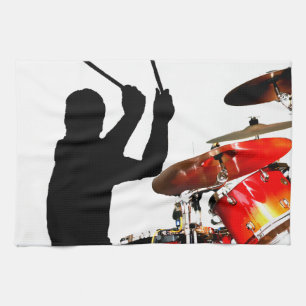 Drummer sticks in air shadow real drums tea towel