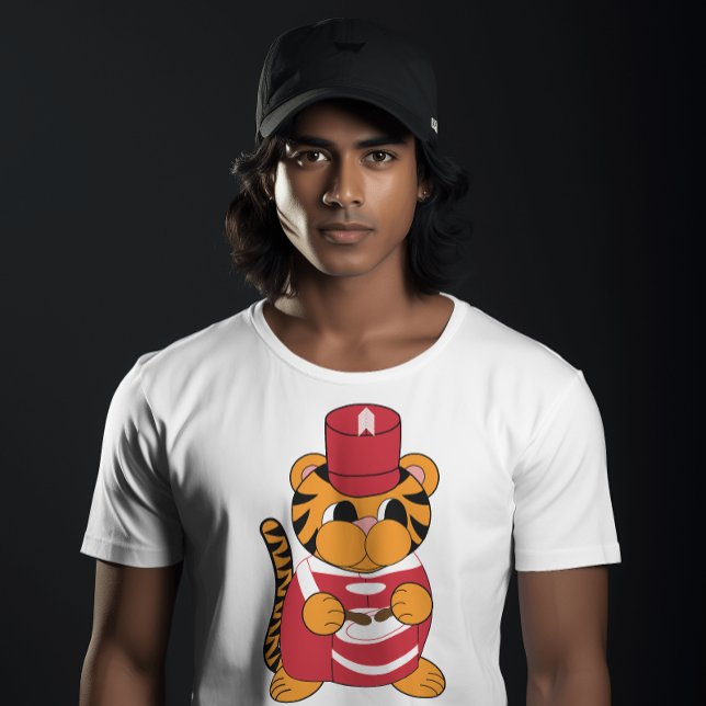 Drummer Tiger Marching Band Red and White T-Shirt (A fun tshirt that has a tiger playing the drums in a red and white marching band uniform.)