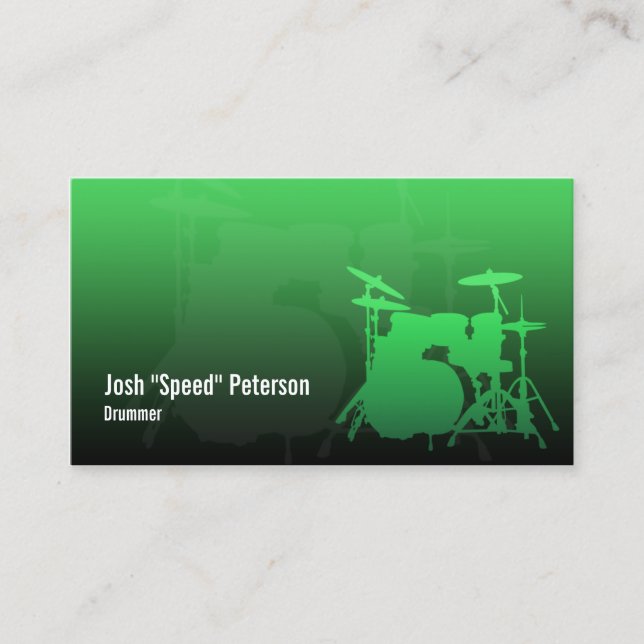 Drummer's Drum Kit Silhouette Green Business Card (Front)