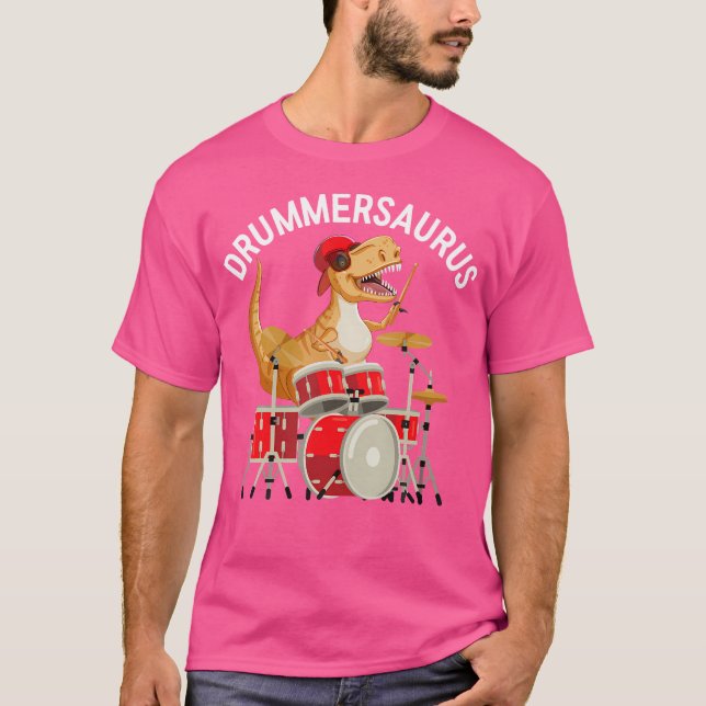 Drummersaurus Dinosaur Musician T Rex Playing Drum T-Shirt (Front)