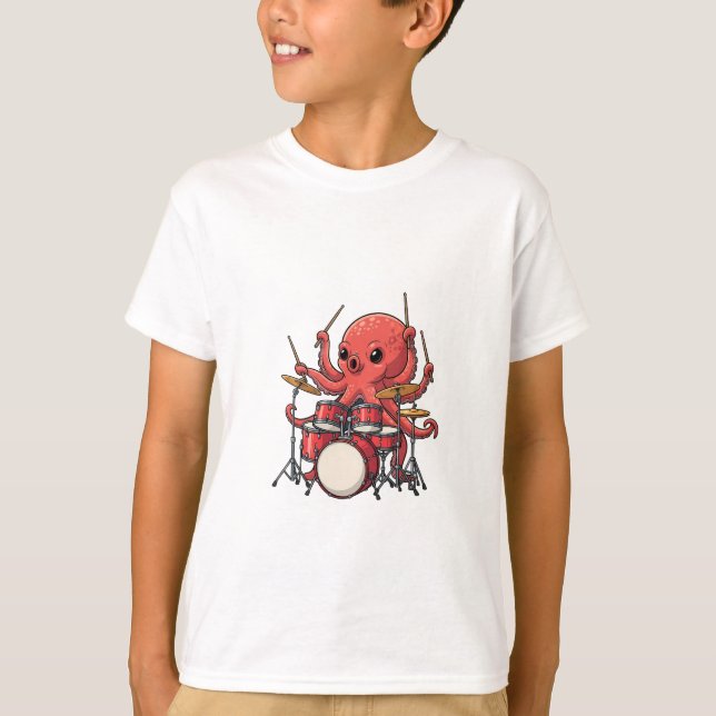 Drumming Octopus Musical Cartoon Kids T-Shirt (Front)