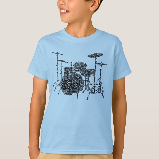 Drumset Shaped Word Art Black Text T-Shirt (Front)