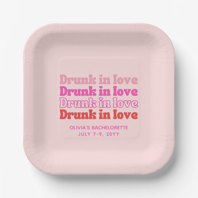 Drunk in Love Pink Retro Bachelorette Party Paper Plate (Front)