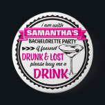 Drunk & Lost Bachelorette Party Buttons<br><div class="desc">Bachelorette Party Buttons : "I am with Bride-to-be bachelorette party if found lost and drunk, buy me a drink". This very cheeky vintage style button in black and hot pink is absolutely perfect for your wild hens party. Make sure everyone in your party has one of these for safety purposes...</div>