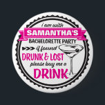 Drunk & Lost Bachelorette Party Buttons<br><div class="desc">Bachelorette Party Buttons : "I am with Bride-to-be bachelorette party if found lost and drunk, buy me a drink". This very cheeky vintage style button in black and hot pink is absolutely perfect for your wild hens party. Make sure everyone in your party has one of these for safety purposes...</div>
