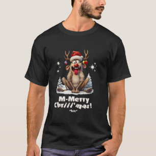 Drunk Reindeer Cartoon Santa Hat Fun Christmas Out T-Shirt