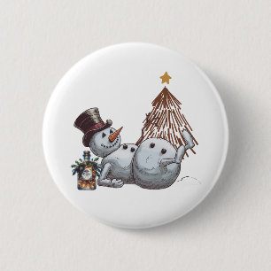 Drunk snowman with a bottle of whiskey. 6 cm round badge